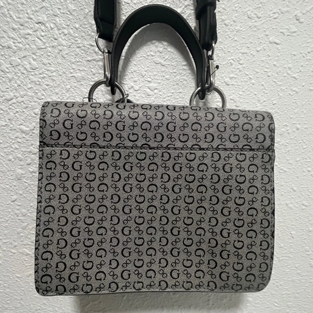 GUESS Baez Crossbody Handbag Black Grey Monogram Flap Top Handle Purse NWT Flaw